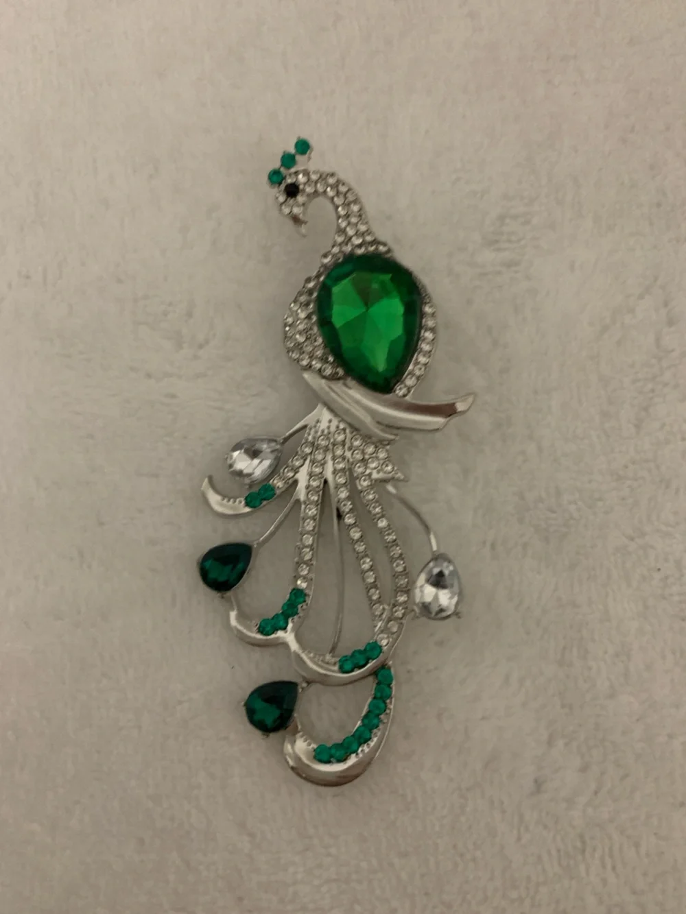 Emerald Teardrop Peacock Silver-Tone Brooch - Green Accent